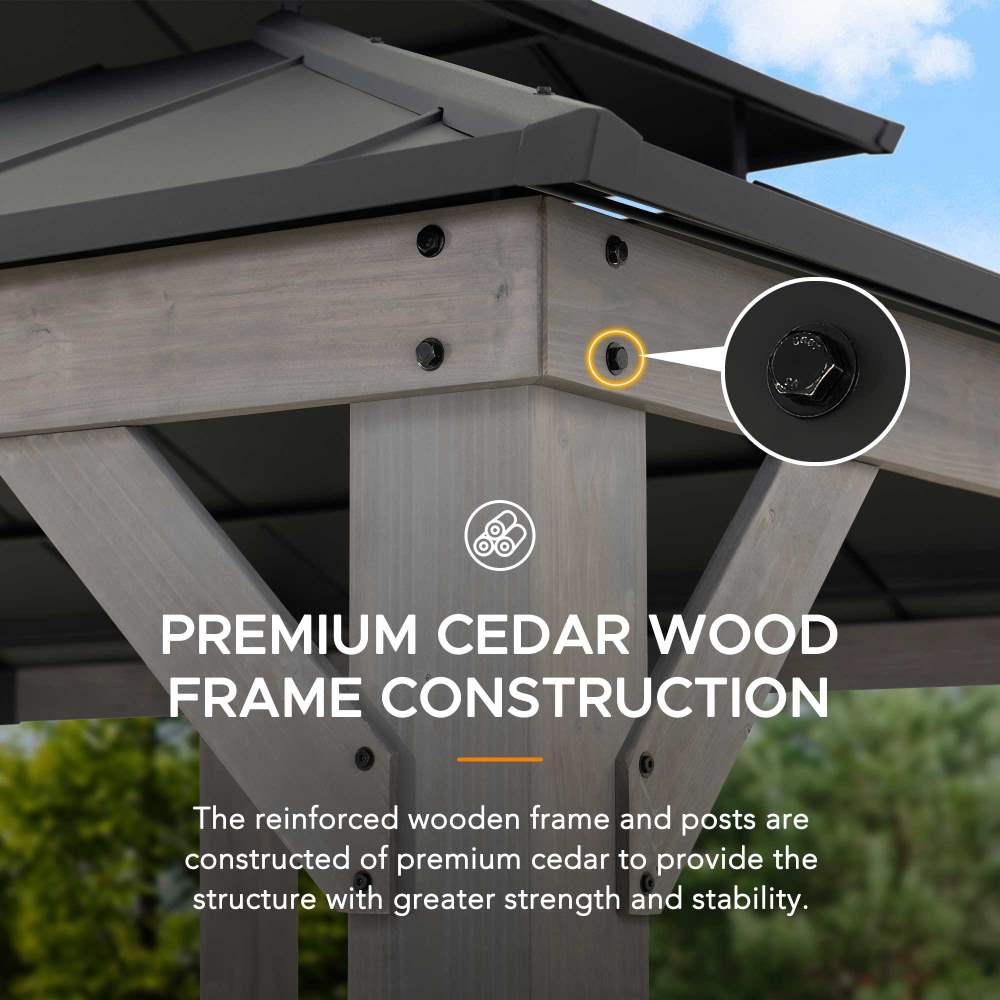 SUNJOY 12x20 Hardtop Gazebo Patio Wooden Frame Outdoor Gazebo, Rectangle Double Tiered Metal Hardtop Gazebo with Dual Rails and Ceiling Hook