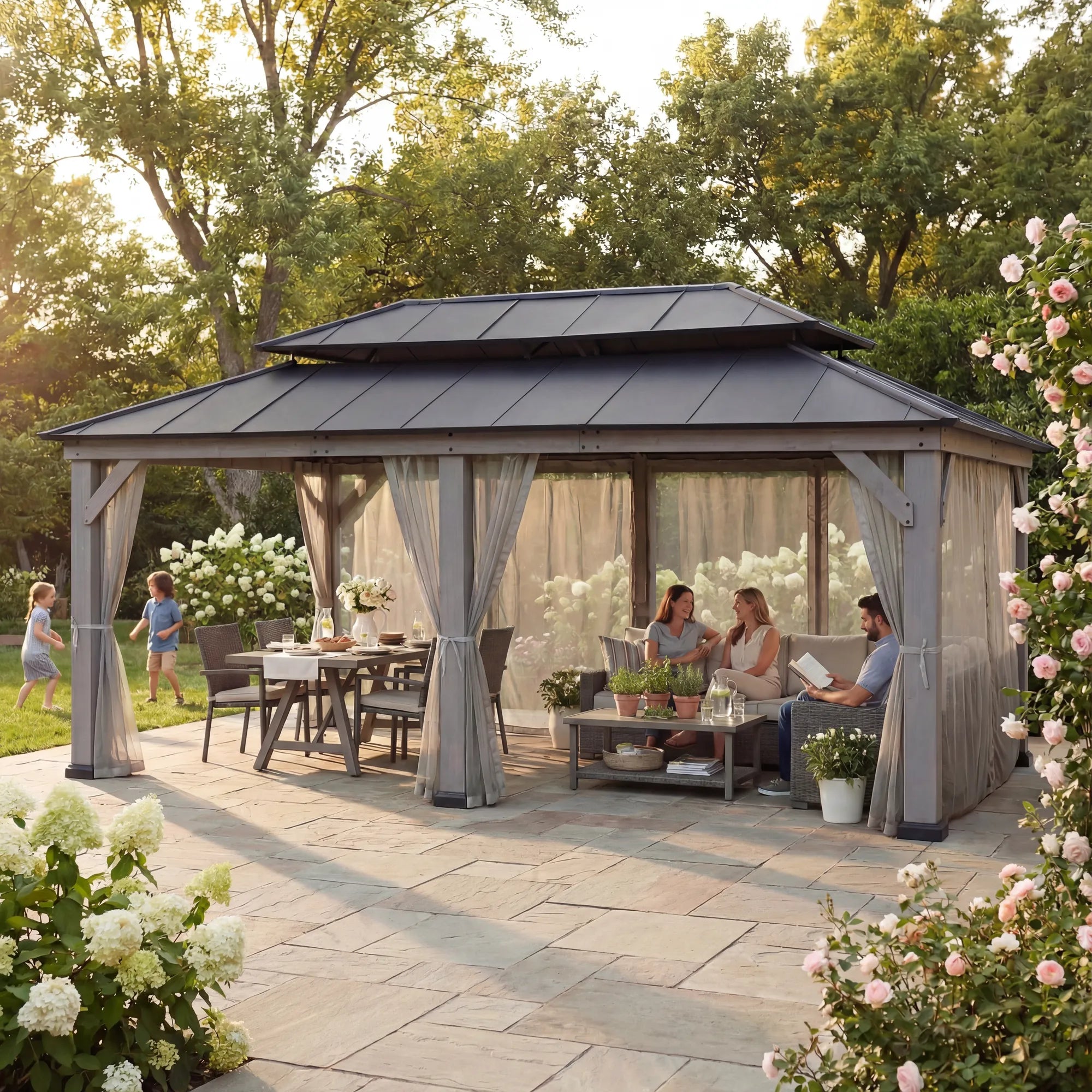 SUNJOY 12x20 Wooden Frame Hardtop Gazebo with Rectangle Double Tier and Ceiling Hook - Standard Driftwood Cedar