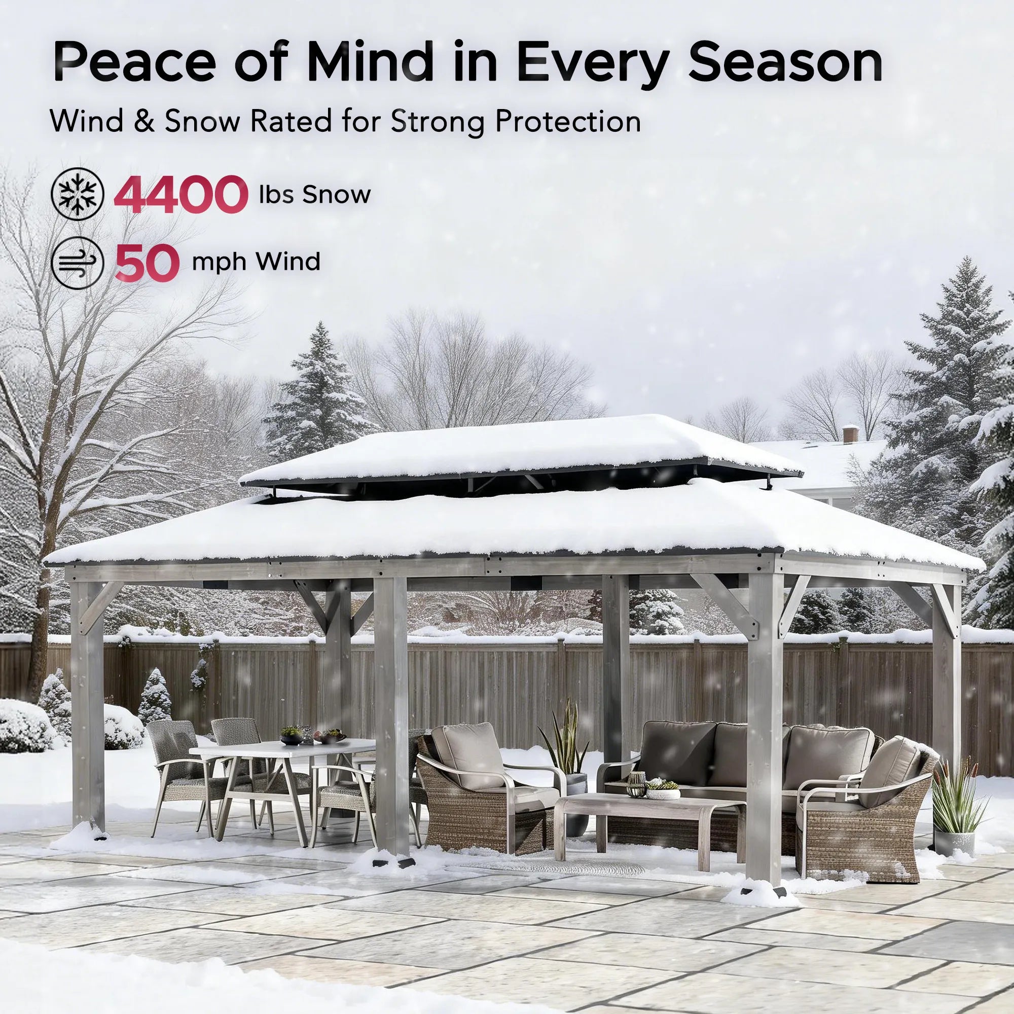 SUNJOY 12x20 Wooden Frame Hardtop Gazebo with Rectangle Double Tier and Ceiling Hook - Standard Driftwood Cedar