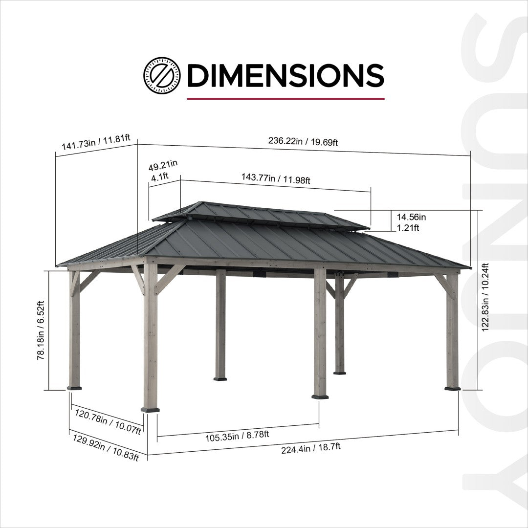 SUNJOY 12x20 Wooden Frame Hardtop Gazebo with Rectangle Double Tier and Ceiling Hook - Standard Driftwood Cedar