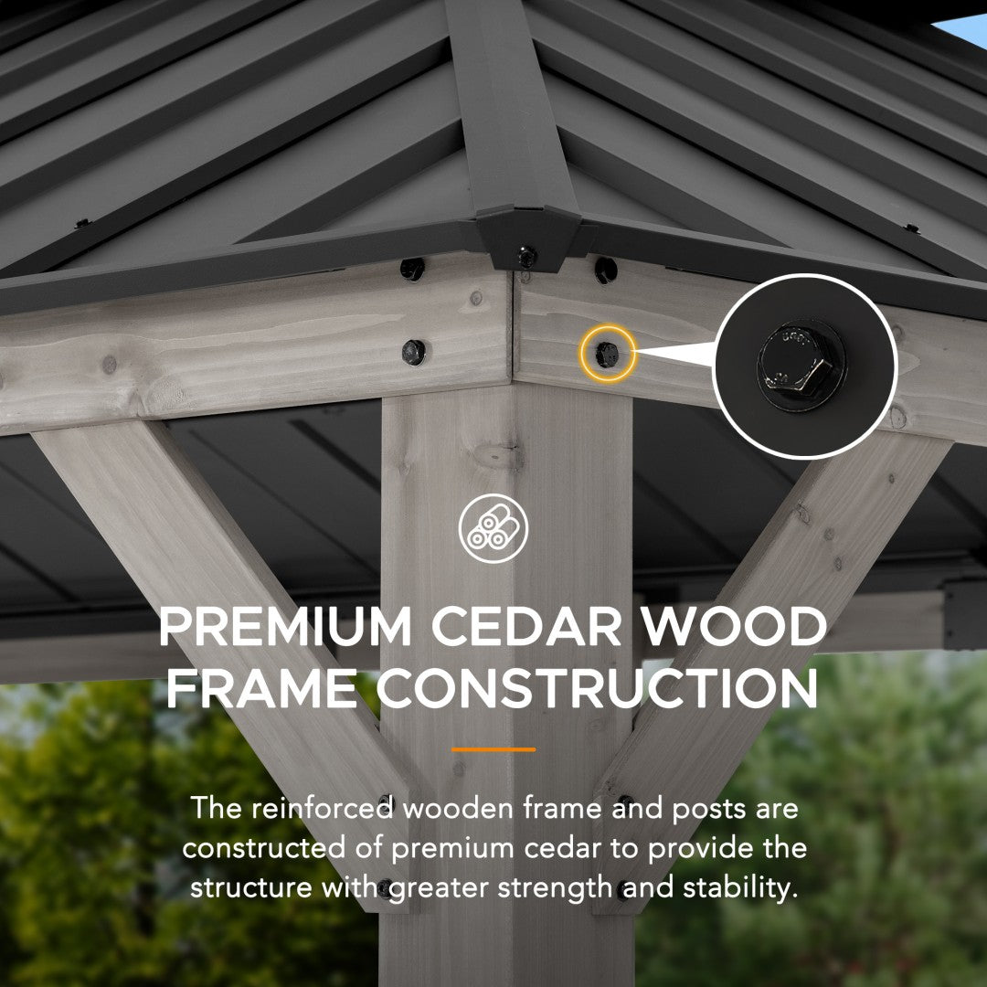 SUNJOY 12x20 Wooden Frame Hardtop Gazebo with Rectangle Double Tier and Ceiling Hook - Standard Driftwood Cedar