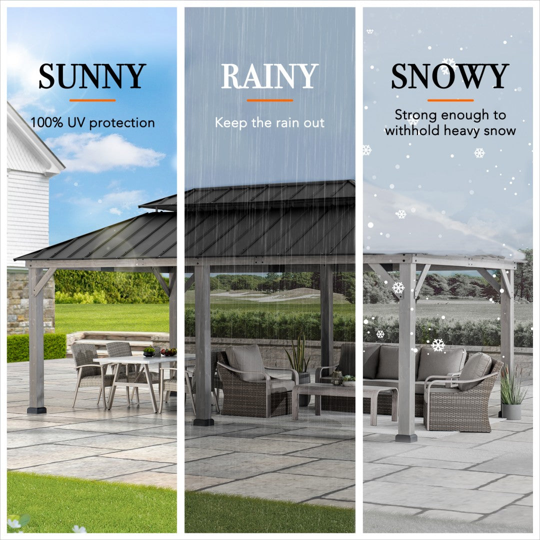 SUNJOY 12x20 Wooden Frame Hardtop Gazebo with Rectangle Double Tier and Ceiling Hook - Standard Driftwood Cedar