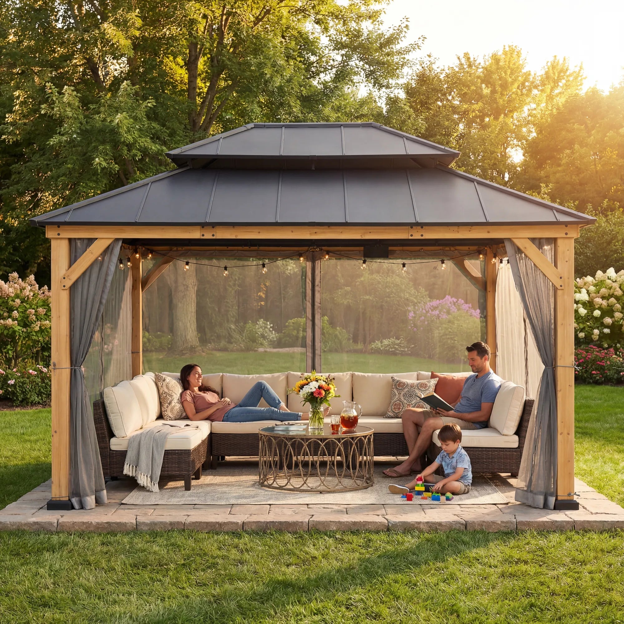 SUNJOY 12x16 Outdoor Cedar Framed Gazebo with 2-tier Metal Roof and Ceiling Hook - Standard Natural Cedar