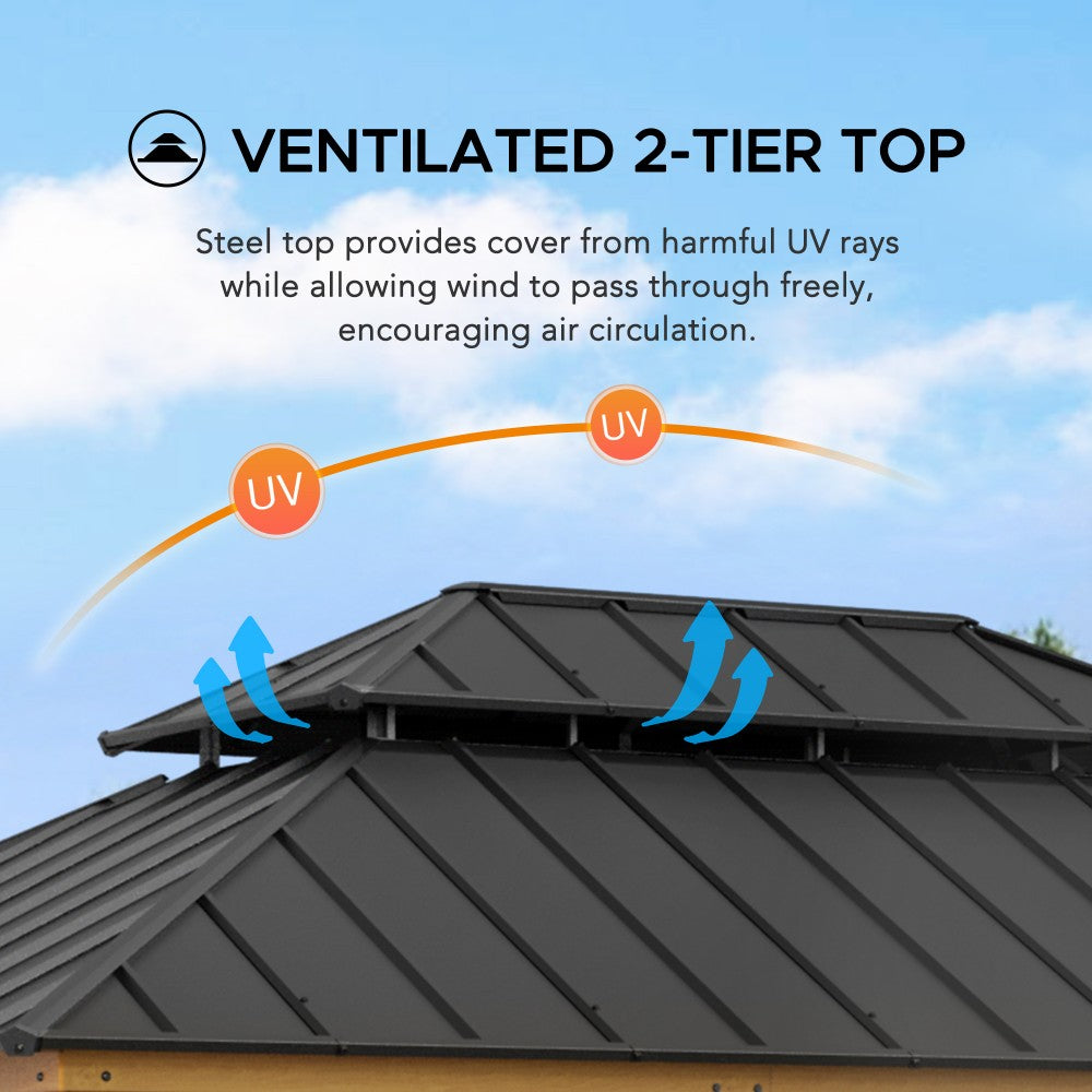 SUNJOY 12x16 ft. Wood Gazebo, Outdoor Patio Steel Hardtop Gazebo, Cedar Framed Wooden Gazebo with 2-tier Metal Roof and Ceiling Hook
