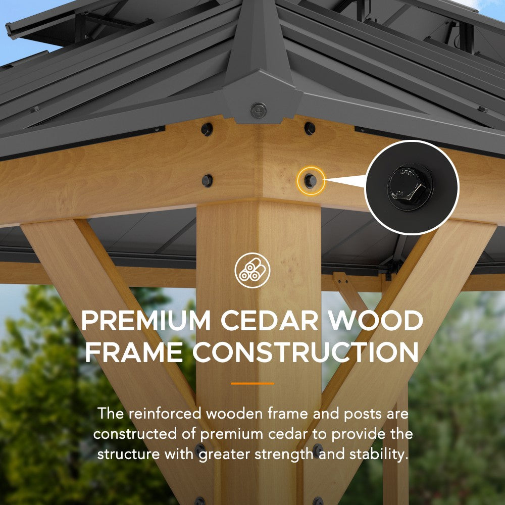 SUNJOY 12x16 ft. Wood Gazebo, Outdoor Patio Steel Hardtop Gazebo, Cedar Framed Wooden Gazebo with 2-tier Metal Roof and Ceiling Hook