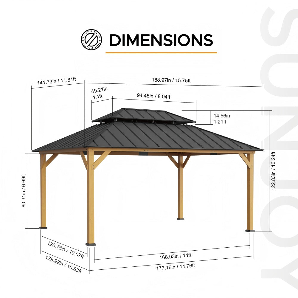 SUNJOY 12x16 ft. Wood Gazebo, Outdoor Patio Steel Hardtop Gazebo, Cedar Framed Wooden Gazebo with 2-tier Metal Roof and Ceiling Hook