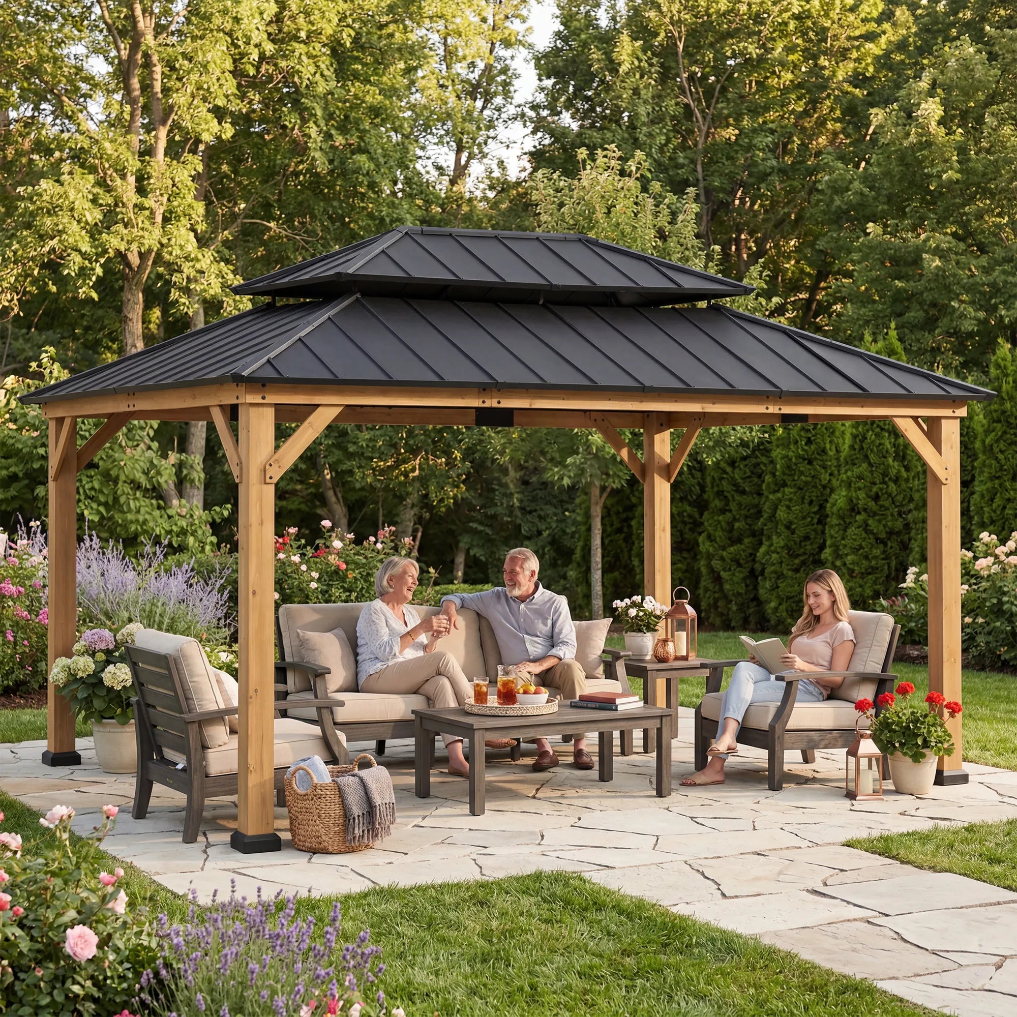 SUNJOY 12x16 Outdoor Cedar Framed Gazebo with 2-tier Metal Roof and Ceiling Hook