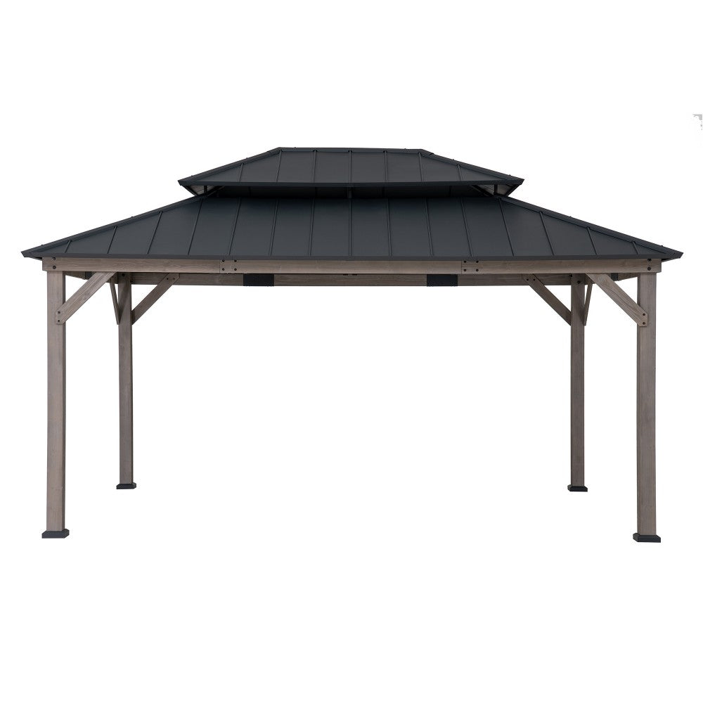 SUNJOY 12x16 ft. Wood Gazebo, Outdoor Patio Steel Hardtop Gazebo, Cedar Framed Wooden Gazebo with 2-tier Metal Roof and Ceiling Hook