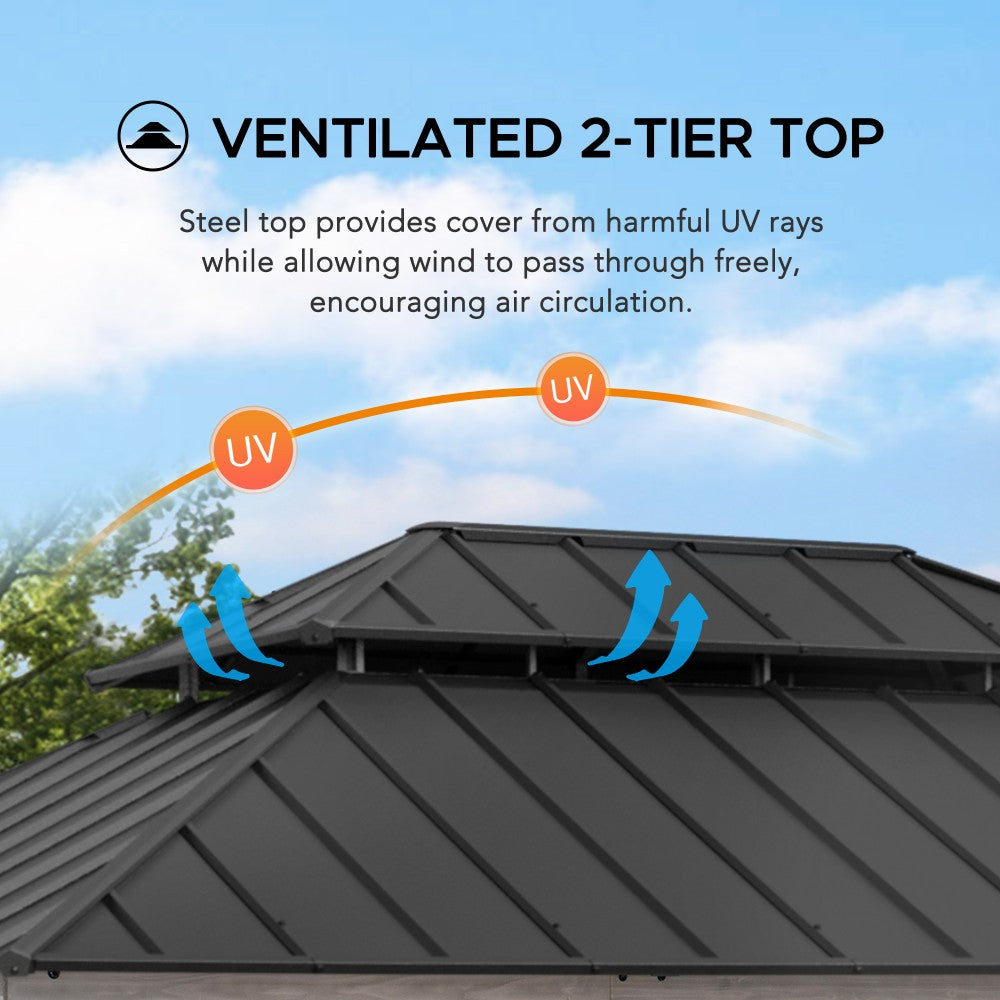 SUNJOY 12x16 ft. Wood Gazebo, Outdoor Patio Steel Hardtop Gazebo, Cedar Framed Wooden Gazebo with 2-tier Metal Roof and Ceiling Hook