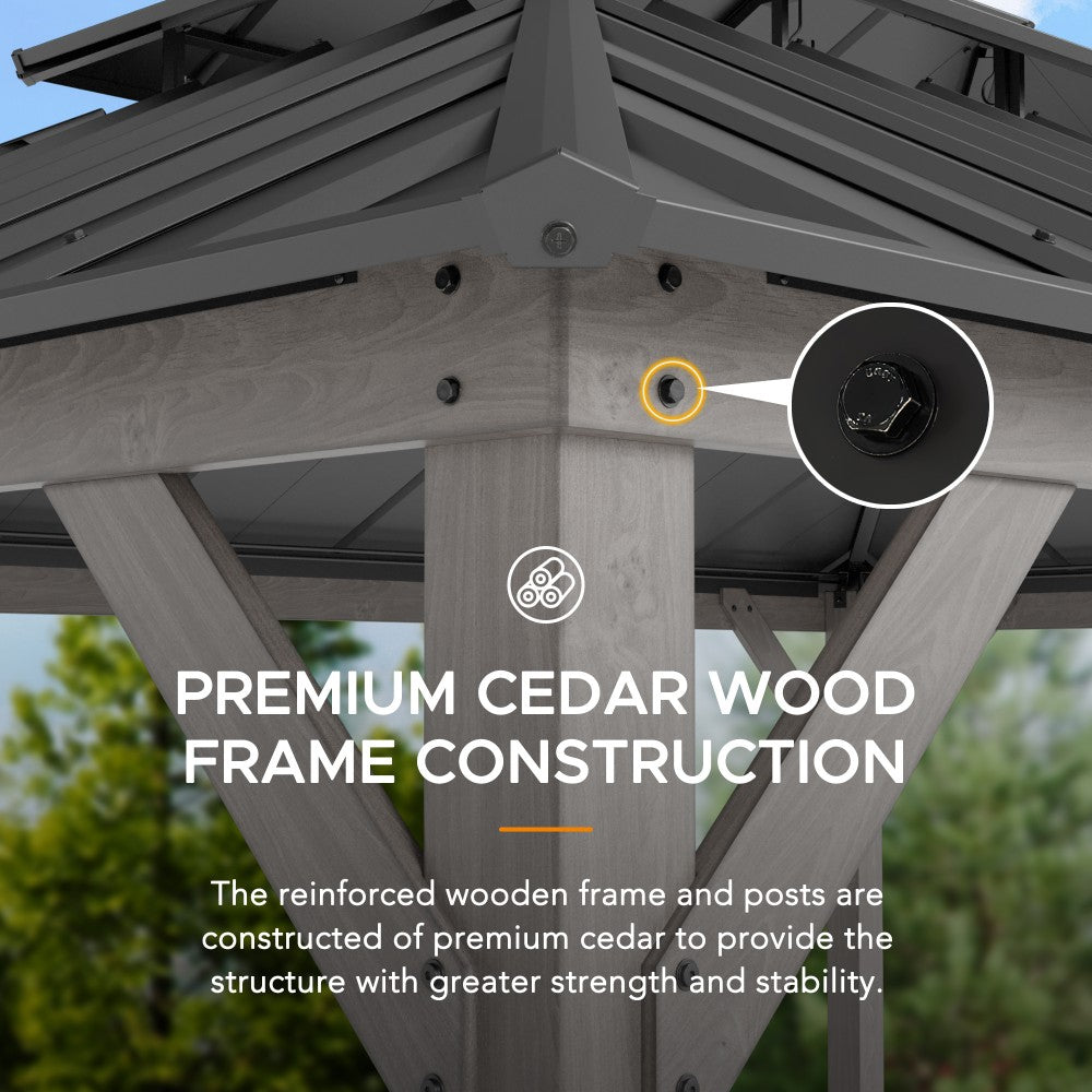 SUNJOY 12x16 ft. Wood Gazebo, Outdoor Patio Steel Hardtop Gazebo, Cedar Framed Wooden Gazebo with 2-tier Metal Roof and Ceiling Hook