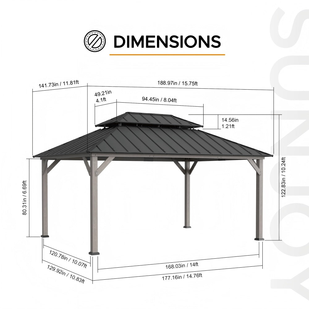 SUNJOY 12x16 ft. Wood Gazebo, Outdoor Patio Steel Hardtop Gazebo, Cedar Framed Wooden Gazebo with 2-tier Metal Roof and Ceiling Hook