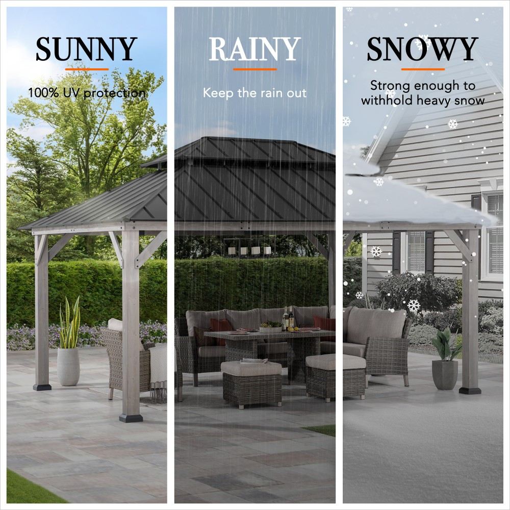 SUNJOY 12x16 ft. Wood Gazebo, Outdoor Patio Steel Hardtop Gazebo, Cedar Framed Wooden Gazebo with 2-tier Metal Roof and Ceiling Hook