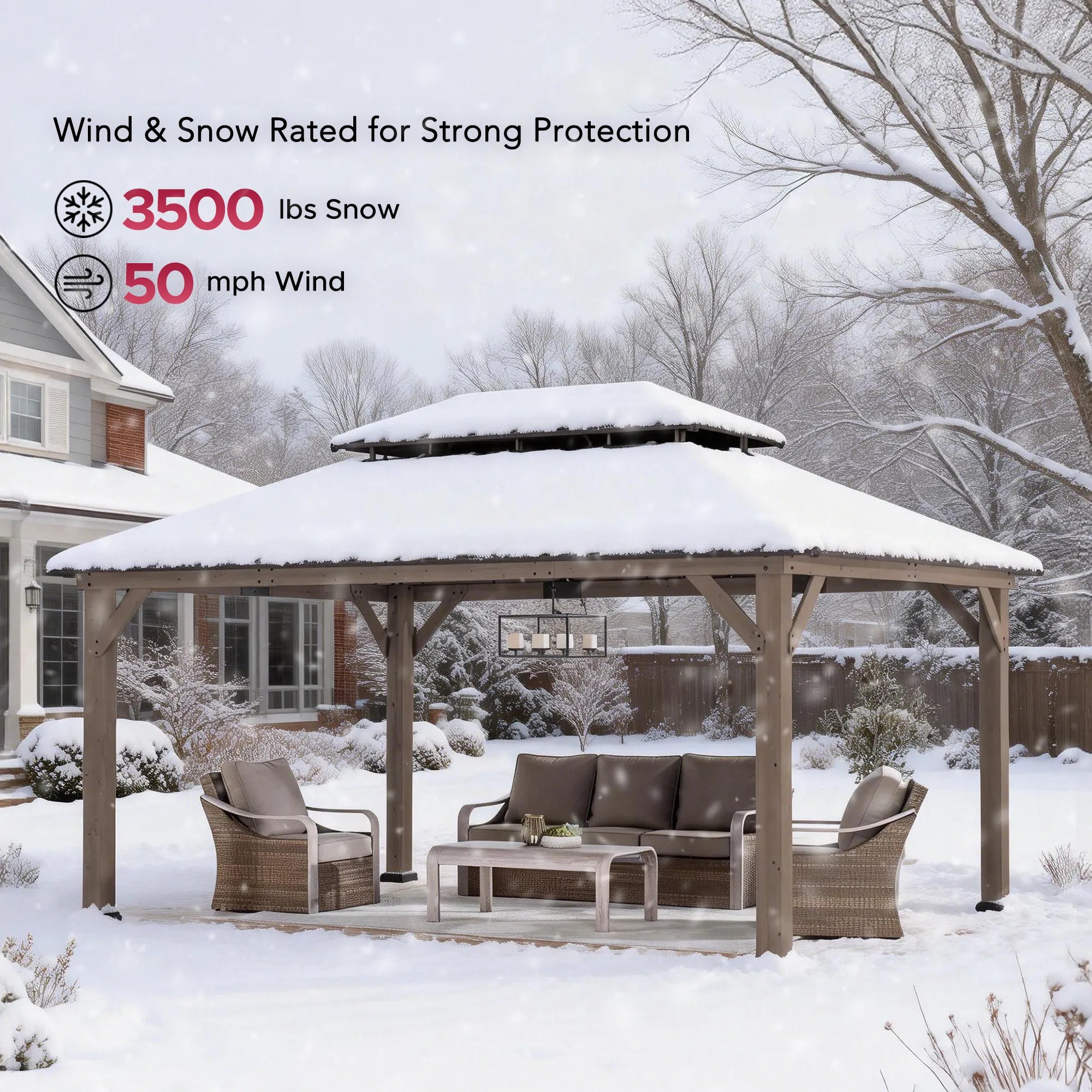 SUNJOY 12x16 Outdoor Cedar Framed Gazebo with 2-tier Metal Roof and Ceiling Hook - Upgrade Weathered Cedar