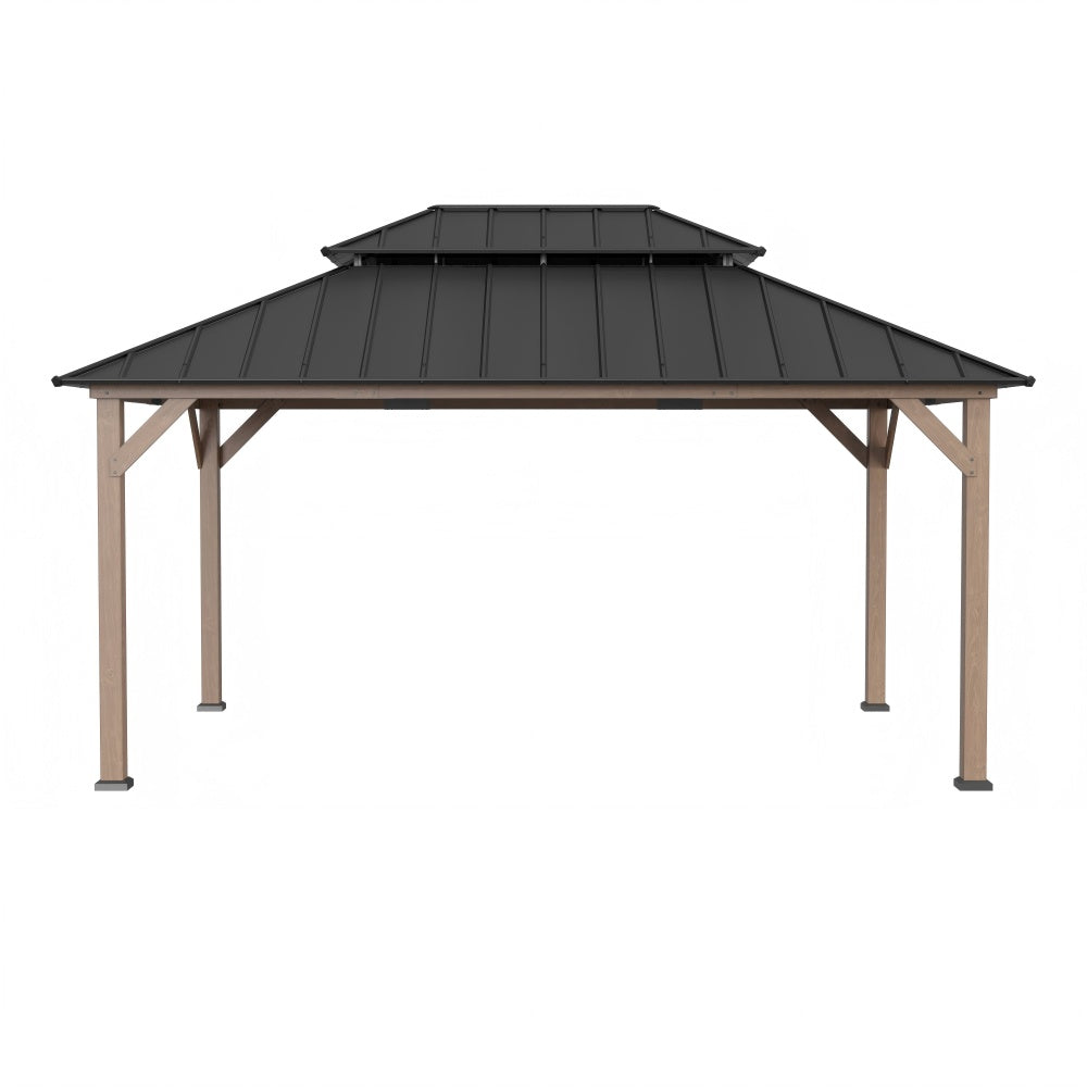 SUNJOY 12x16 ft. Wood Gazebo, Outdoor Patio Steel Hardtop Gazebo, Cedar Framed Wooden Gazebo with 2-tier Metal Roof and Ceiling Hook
