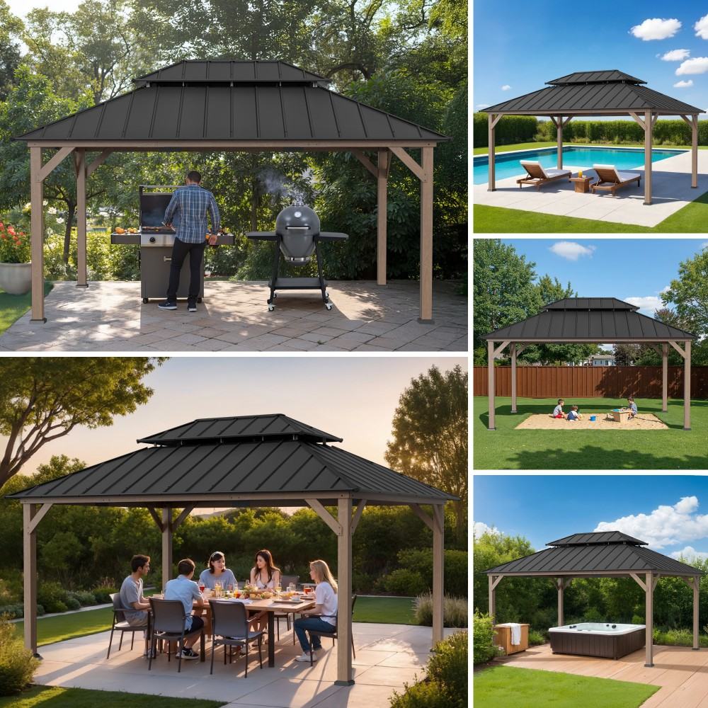 SUNJOY 12x16 ft. Wood Gazebo, Outdoor Patio Steel Hardtop Gazebo, Cedar Framed Wooden Gazebo with 2-tier Metal Roof and Ceiling Hook