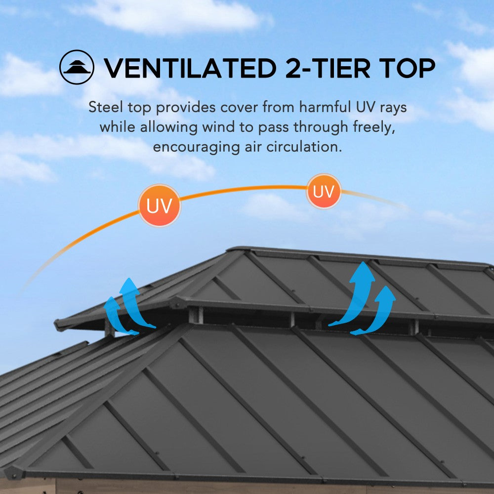 SUNJOY 12x16 ft. Wood Gazebo, Outdoor Patio Steel Hardtop Gazebo, Cedar Framed Wooden Gazebo with 2-tier Metal Roof and Ceiling Hook