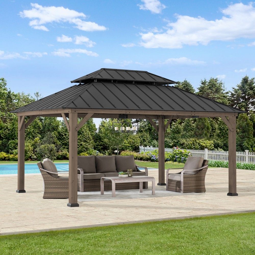SUNJOY 12x16 ft. Wood Gazebo, Outdoor Patio Steel Hardtop Gazebo, Cedar Framed Wooden Gazebo with 2-tier Metal Roof and Ceiling Hook
