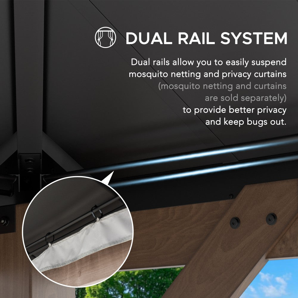 SUNJOY 12x16 ft. Wood Gazebo, Outdoor Patio Steel Hardtop Gazebo, Cedar Framed Wooden Gazebo with 2-tier Metal Roof and Ceiling Hook