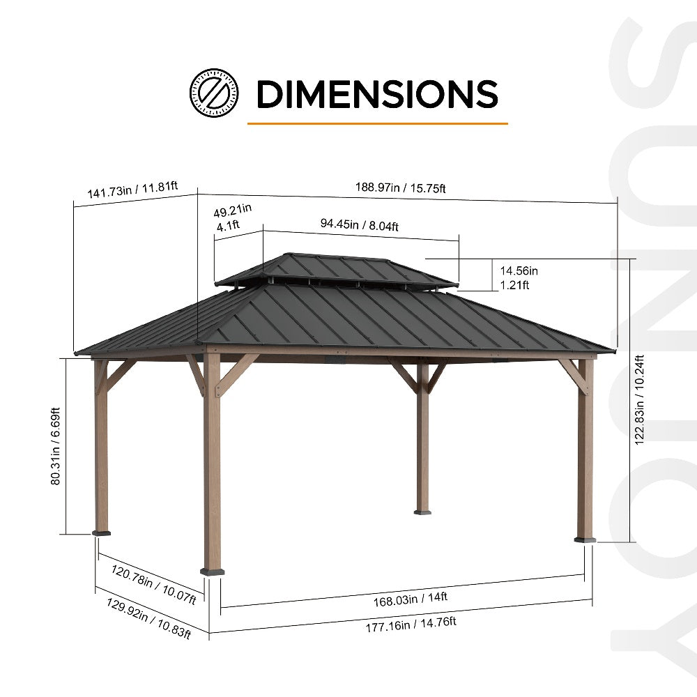 SUNJOY 12x16 ft. Wood Gazebo, Outdoor Patio Steel Hardtop Gazebo, Cedar Framed Wooden Gazebo with 2-tier Metal Roof and Ceiling Hook