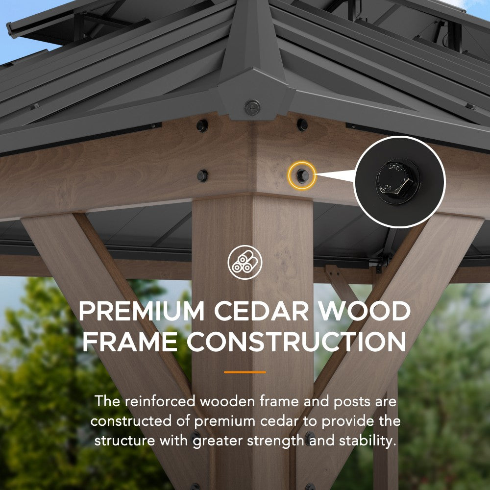 SUNJOY 12x16 ft. Wood Gazebo, Outdoor Patio Steel Hardtop Gazebo, Cedar Framed Wooden Gazebo with 2-tier Metal Roof and Ceiling Hook