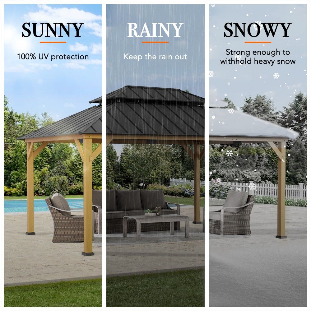 SUNJOY 12x16 ft. Wood Gazebo, Outdoor Patio Steel Hardtop Gazebo, Cedar Framed Wooden Gazebo with 2-tier Metal Roof and Ceiling Hook