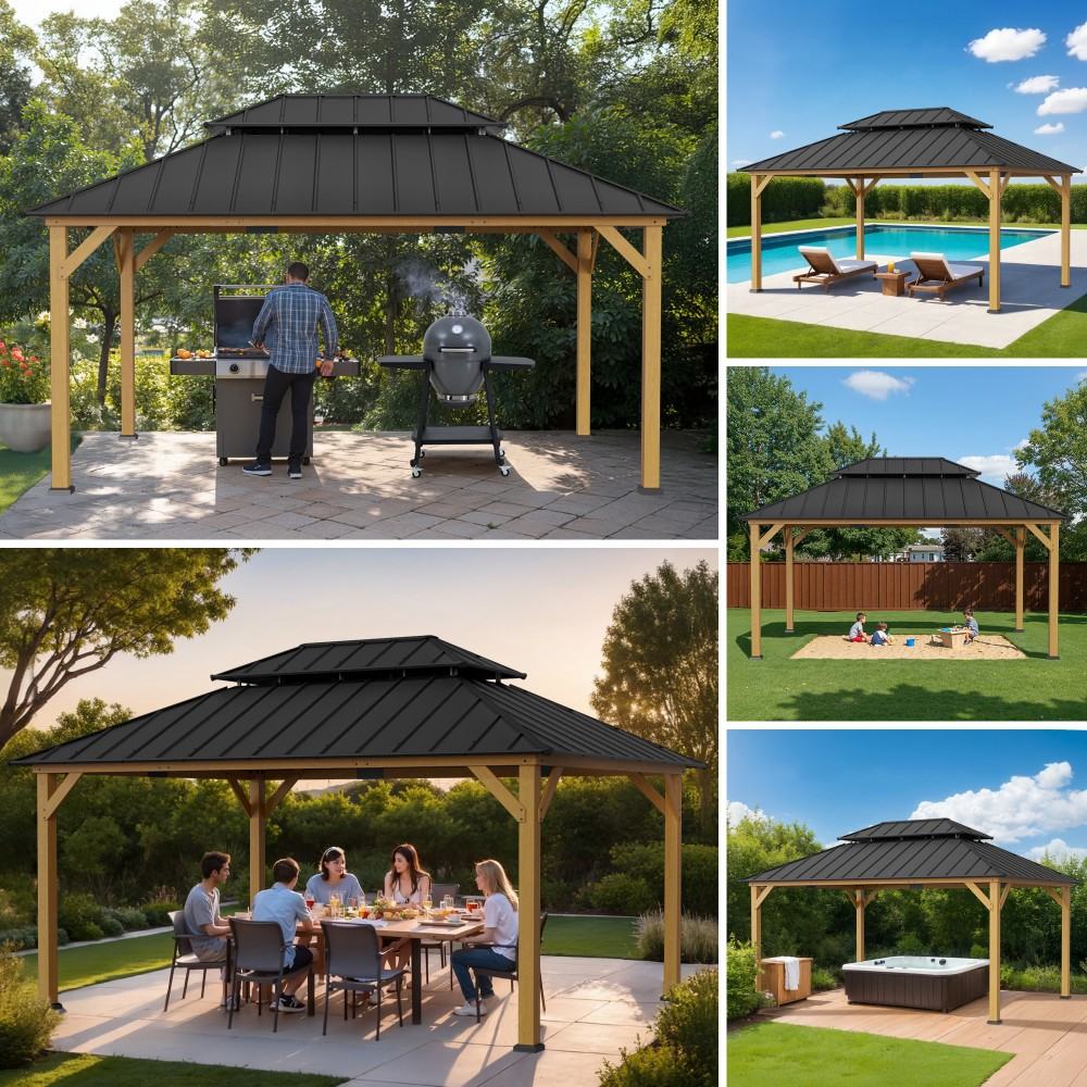 SUNJOY 12x16 Outdoor Cedar Framed Gazebo with 2-tier Metal Roof and Ceiling Hook - Standard Natural Cedar