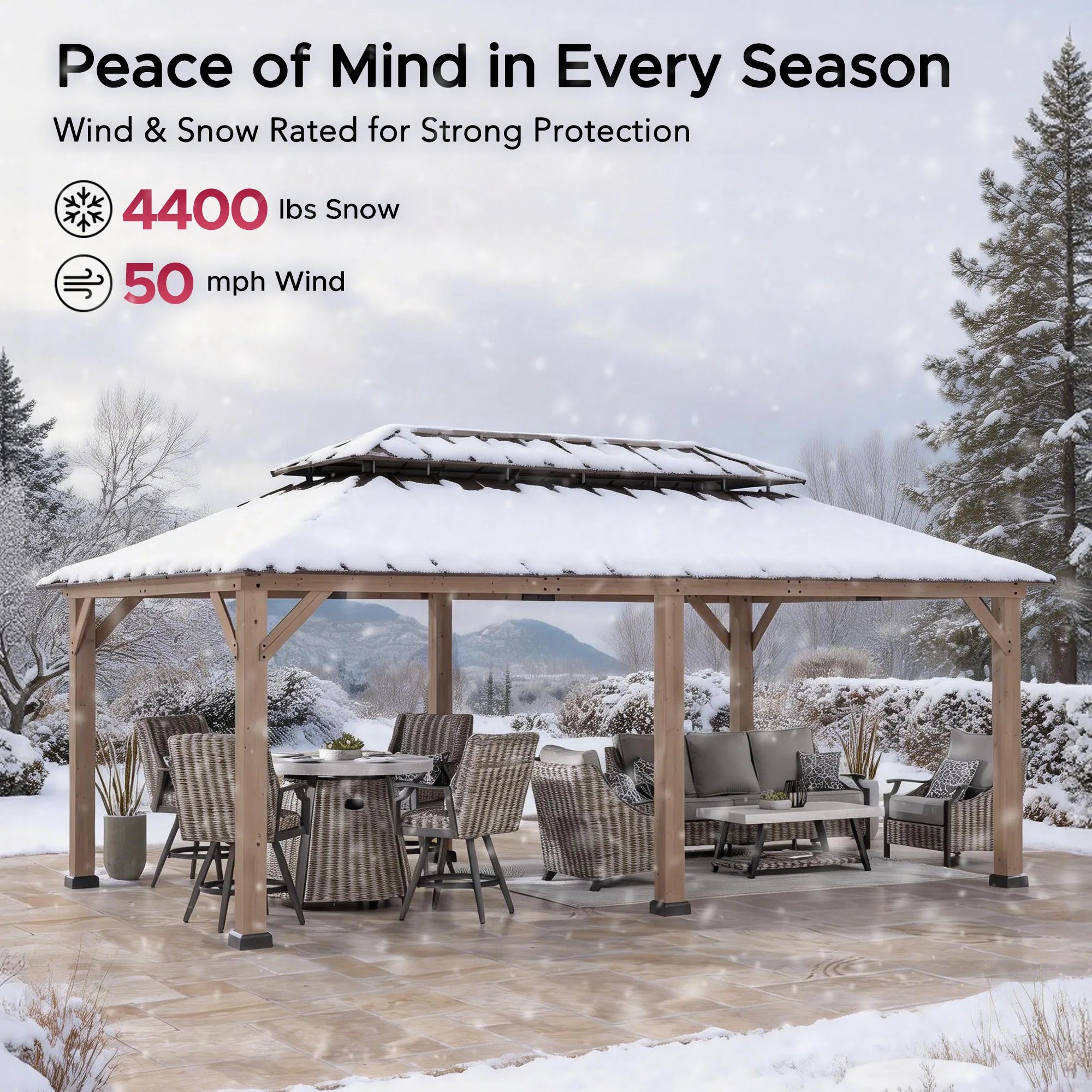 SUNJOY 12x20 Wooden Frame Hardtop Gazebo with Rectangle Double Tier and Ceiling Hook - Weathered Cedar