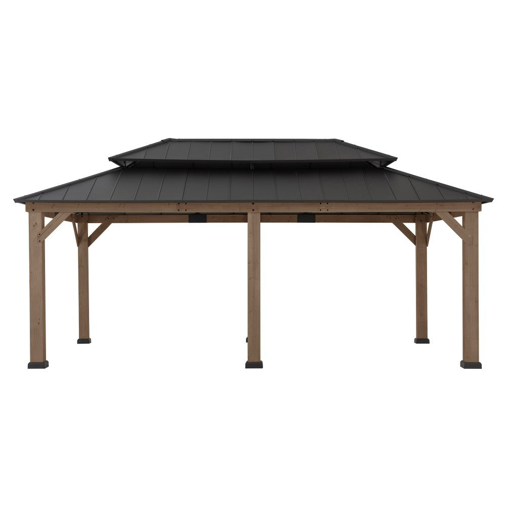 SUNJOY 12x20 Wooden Frame Hardtop Gazebo with Rectangle Double Tier and Ceiling Hook - Weathered Cedar