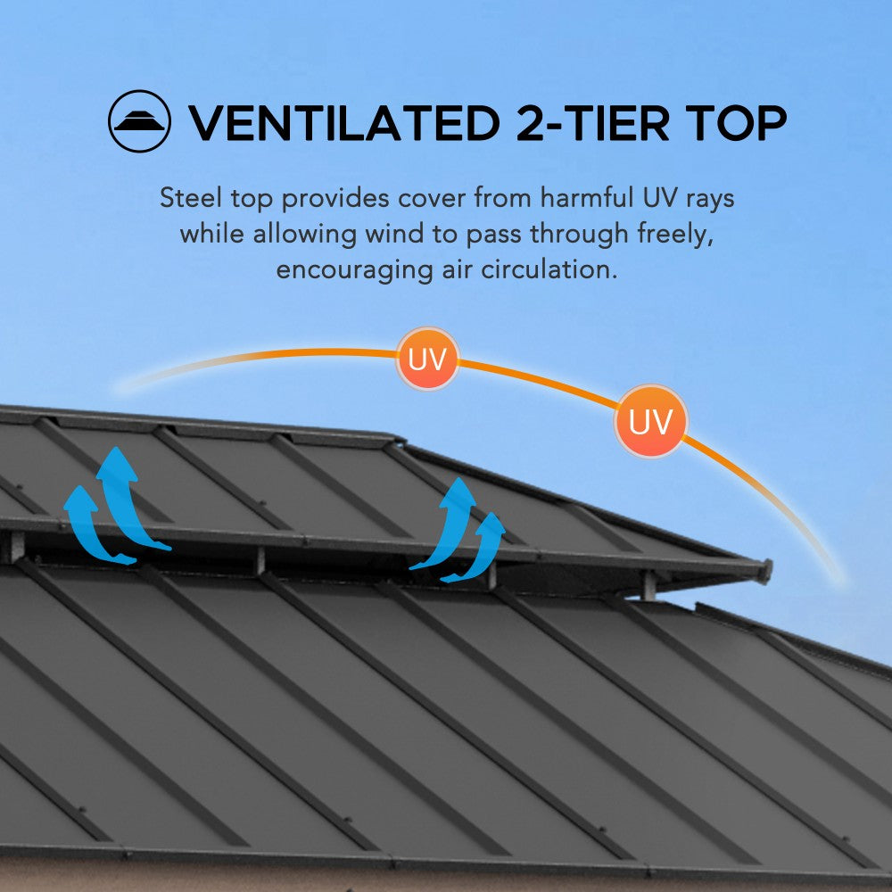 SUNJOY 12x20 Hardtop Gazebo Patio Wooden Frame Outdoor Gazebo, Rectangle Double Tiered Metal Hardtop Gazebo with Dual Rails and Ceiling Hook