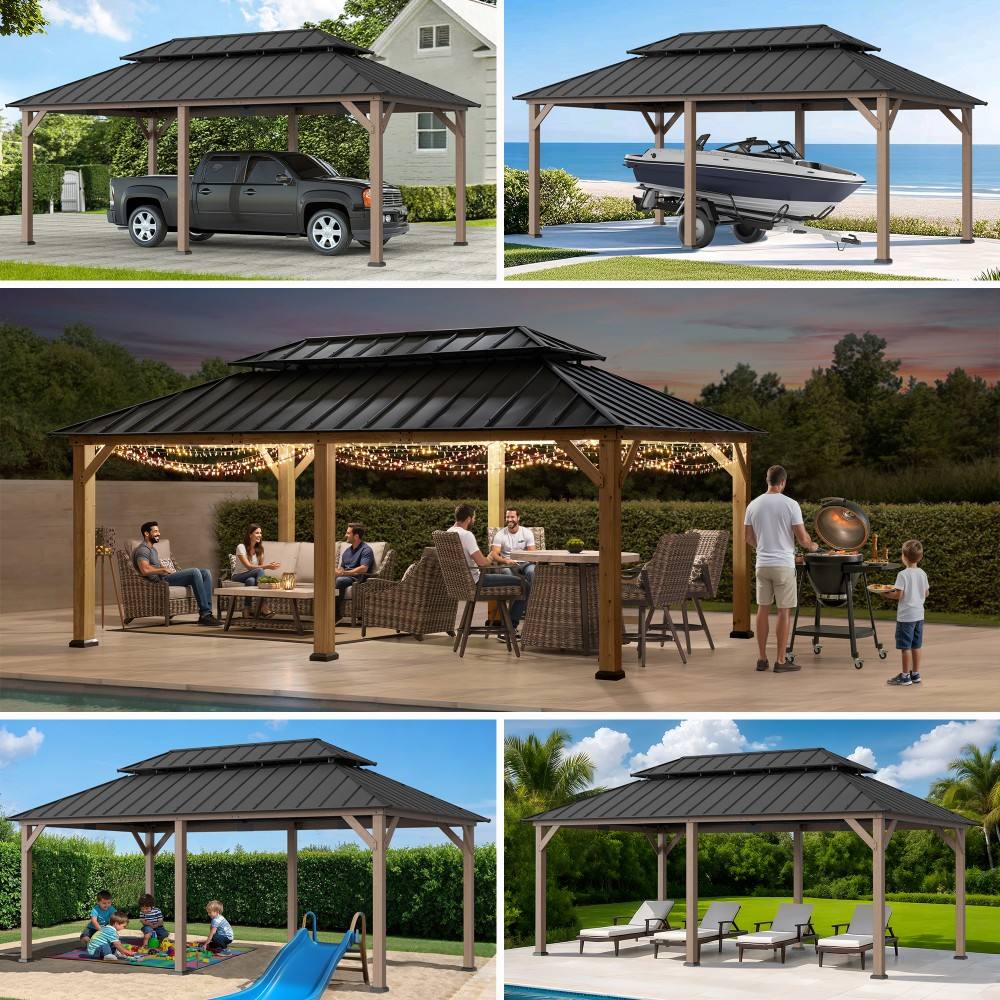 SUNJOY 12x20 Hardtop Gazebo Patio Wooden Frame Outdoor Gazebo, Rectangle Double Tiered Metal Hardtop Gazebo with Dual Rails and Ceiling Hook