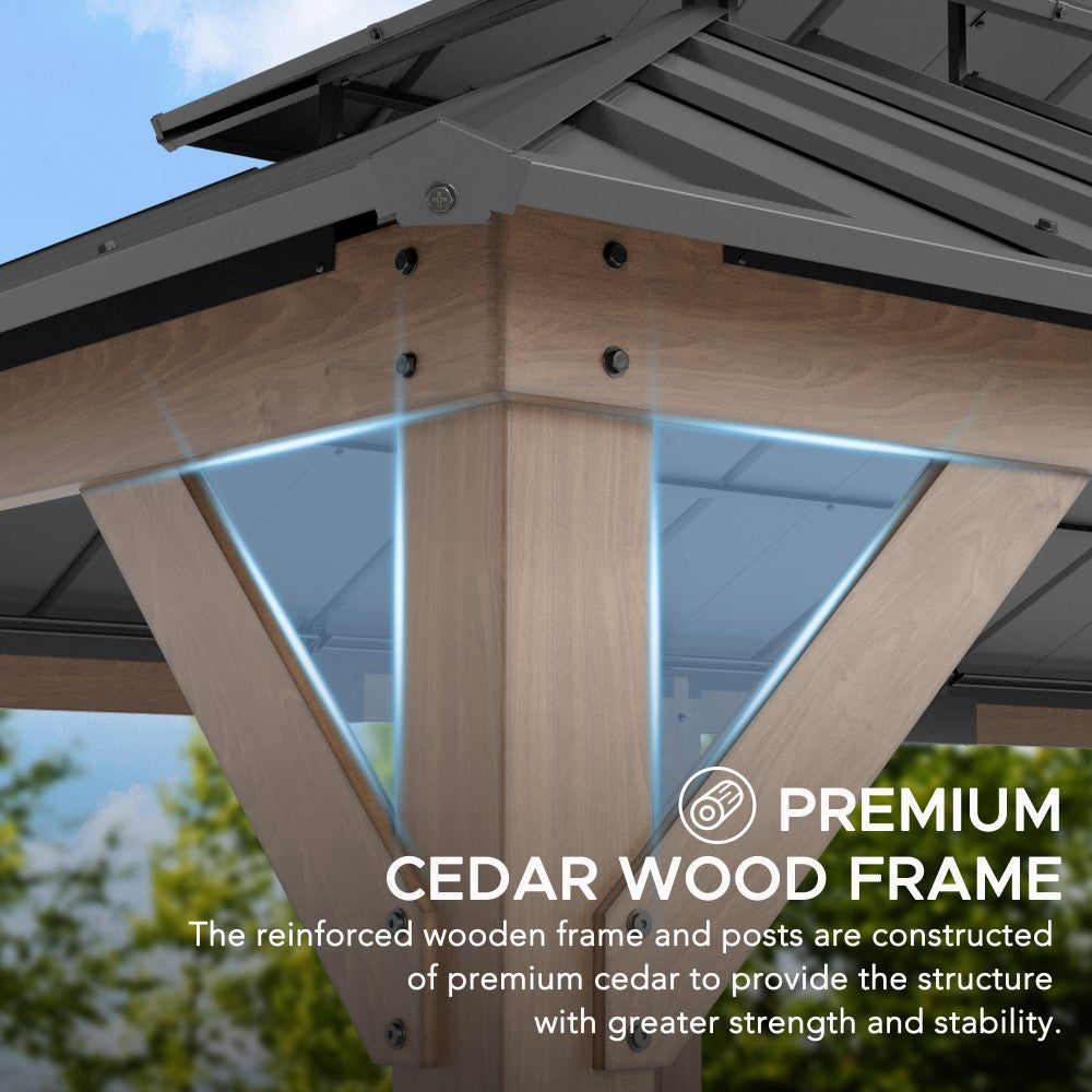 SUNJOY 12x20 Hardtop Gazebo Patio Wooden Frame Outdoor Gazebo, Rectangle Double Tiered Metal Hardtop Gazebo with Dual Rails and Ceiling Hook