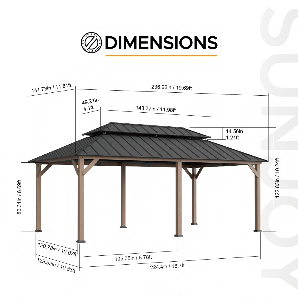 SUNJOY 12x20 Hardtop Gazebo Patio Wooden Frame Outdoor Gazebo, Rectangle Double Tiered Metal Hardtop Gazebo with Dual Rails and Ceiling Hook