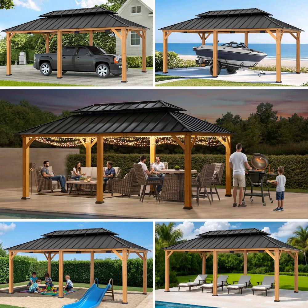 SUNJOY 12x20 Wooden Frame Hardtop Gazebo with Rectangle Double Tier and Ceiling Hook - Standard Natural Cedar
