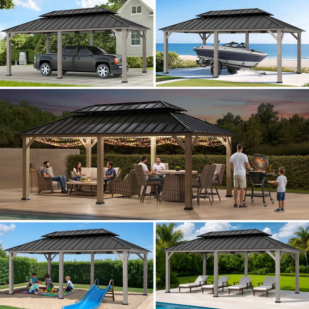 SUNJOY 12x20 Hardtop Gazebo Patio Wooden Frame Outdoor Gazebo, Rectangle Double Tiered Metal Hardtop Gazebo with Dual Rails and Ceiling Hook