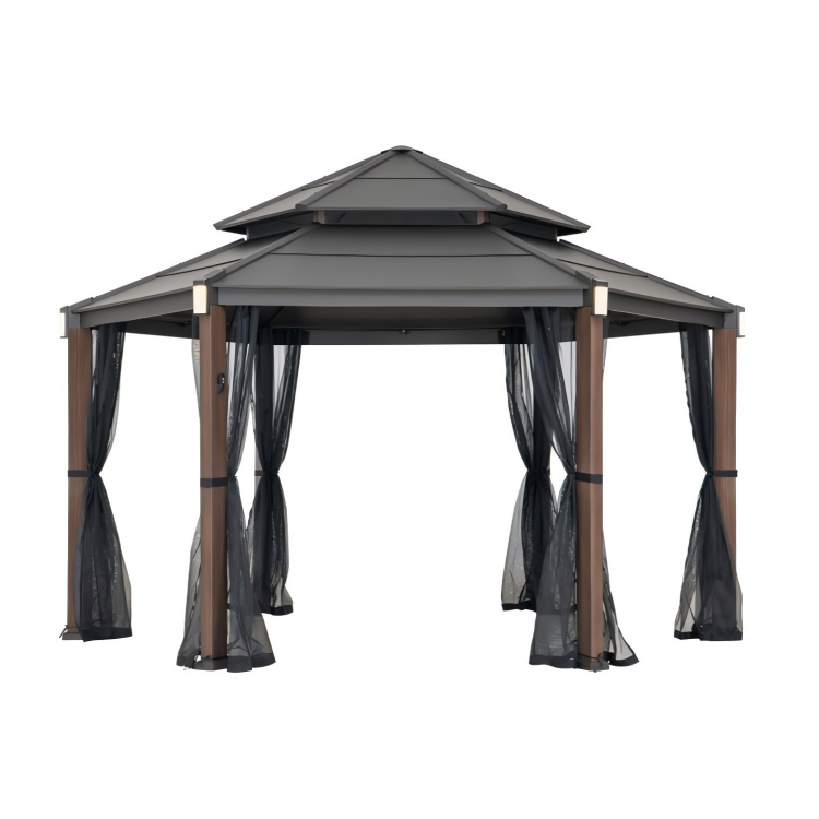 SUNJOY 15x15 Hexagon Hardtop Gazebo with 6 Solar Lights - Woodgrain Aluminum Posts