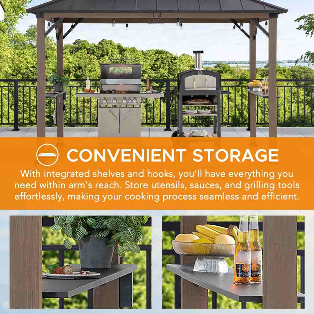 SUNJOY 8' x 12' Grill Gazebo, Wood Frame Hardtop Gazebo with Electrical Outlets and Shelves
