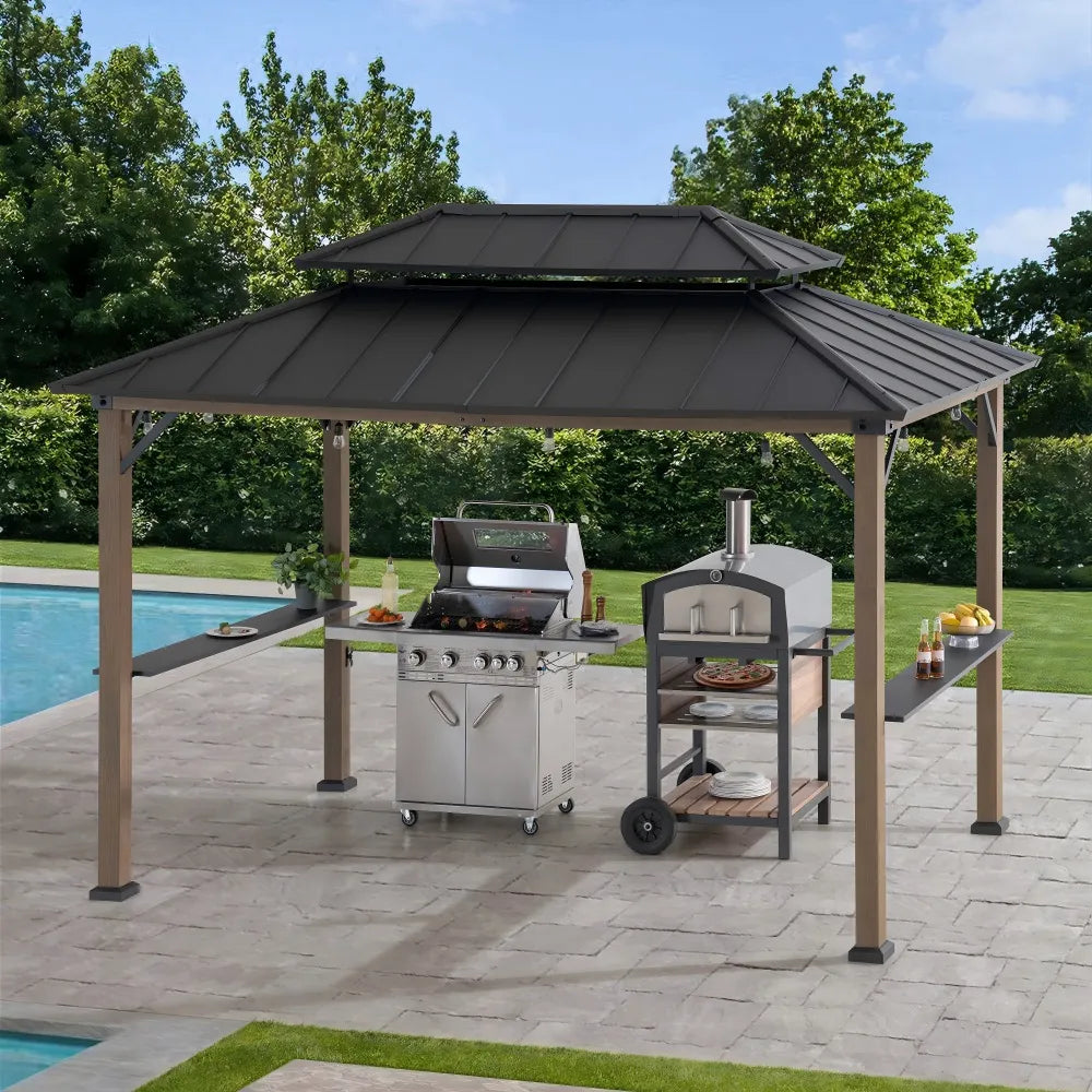 SUNJOY 8' x 12' Grill Gazebo, Wood Frame Hardtop Gazebo with Electrical Outlets and Shelves