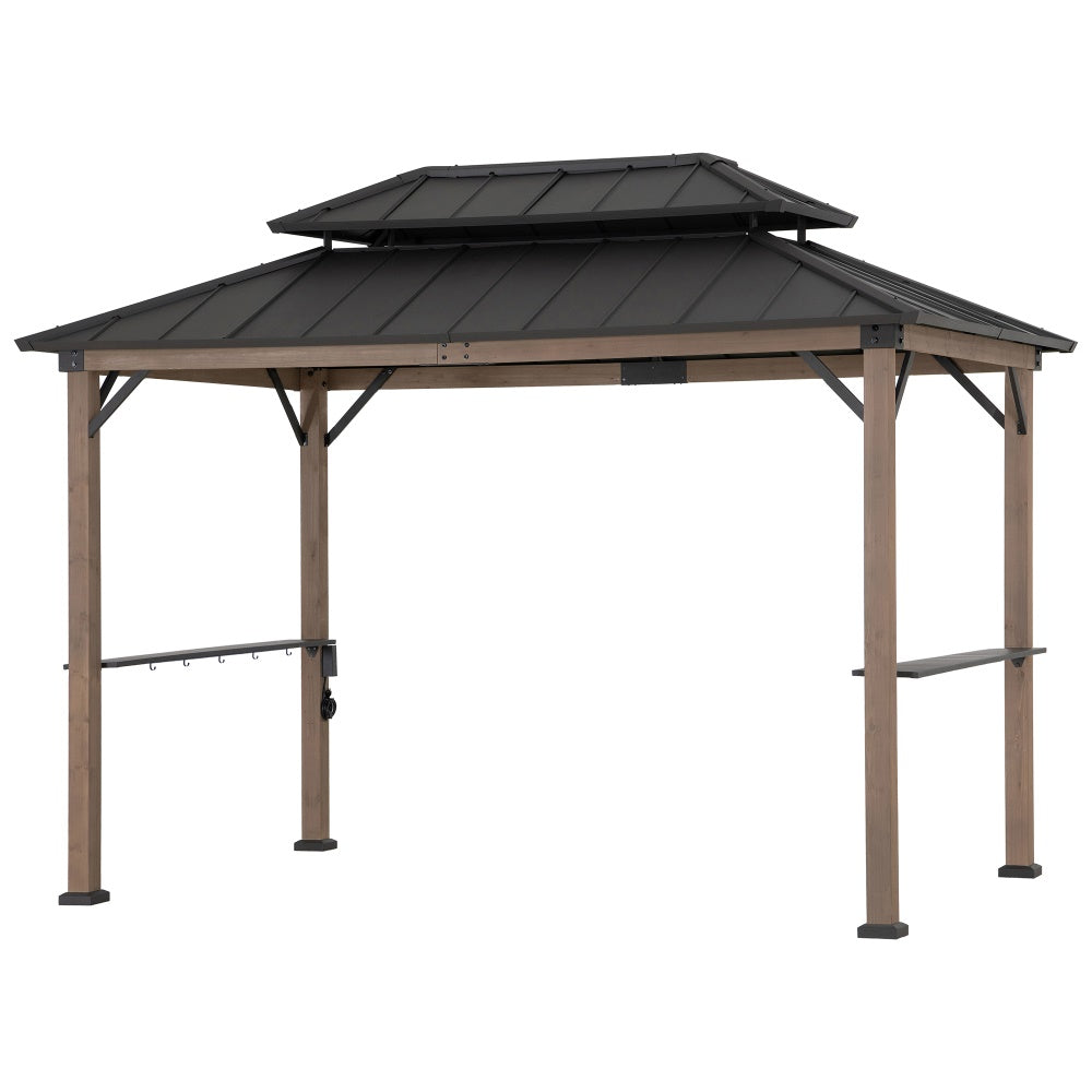 SUNJOY 8' x 12' Grill Gazebo, Wood Frame Hardtop Gazebo with Electrical Outlets and Shelves