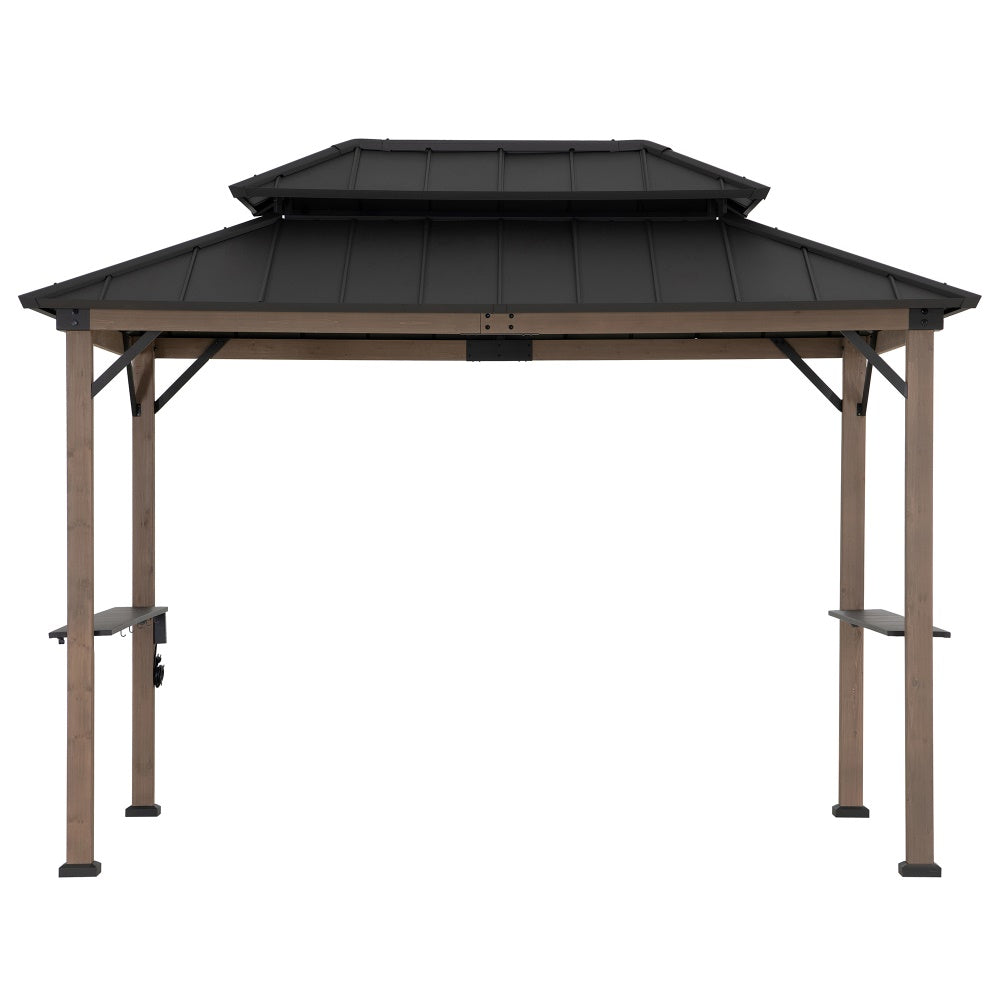 SUNJOY 8' x 12' Grill Gazebo, Wood Frame Hardtop Gazebo with Electrical Outlets and Shelves