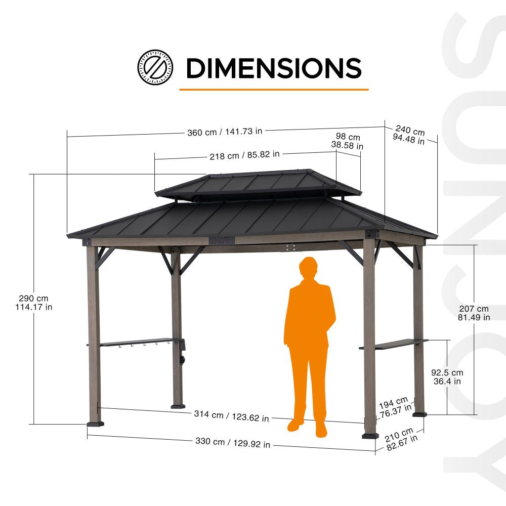 SUNJOY 8' x 12' Grill Gazebo, Wood Frame Hardtop Gazebo with Electrical Outlets and Shelves