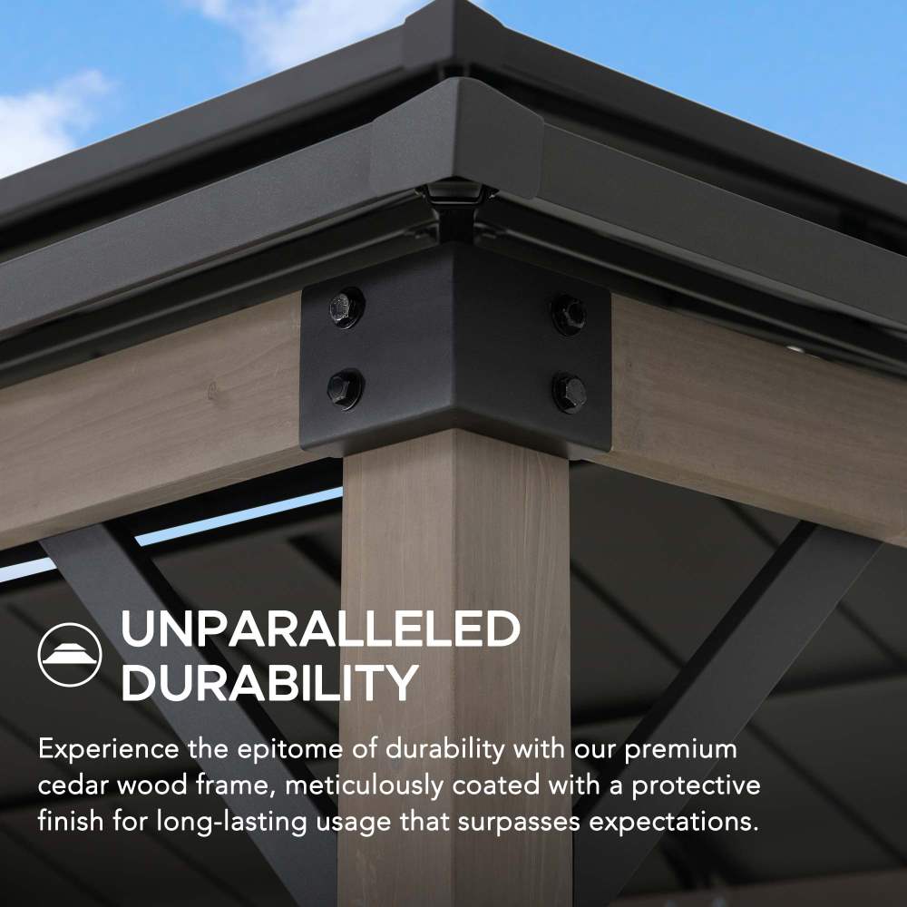 SUNJOY 8' x 12' Grill Gazebo, Wood Frame Hardtop Gazebo with Electrical Outlets and Shelves