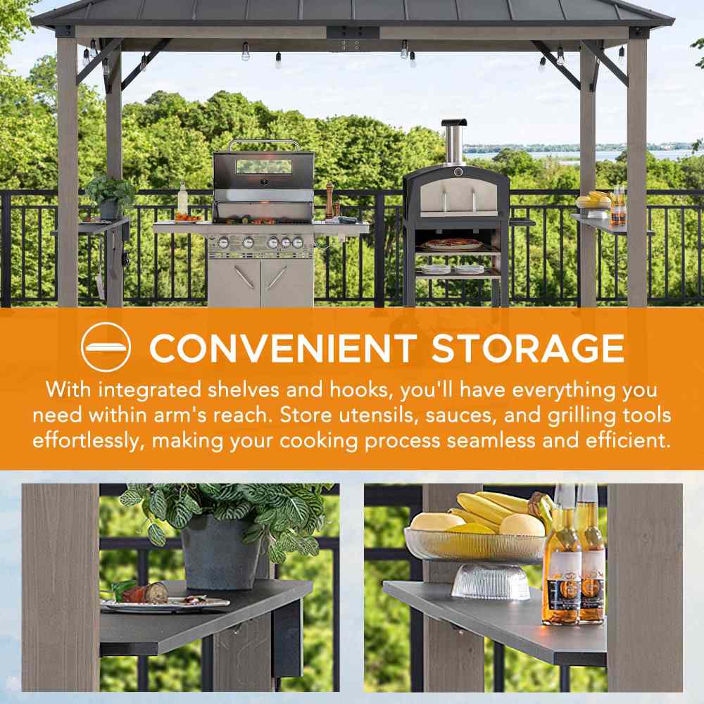 SUNJOY 8' x 12' Grill Gazebo, Wood Frame Hardtop Gazebo with Electrical Outlets and Shelves