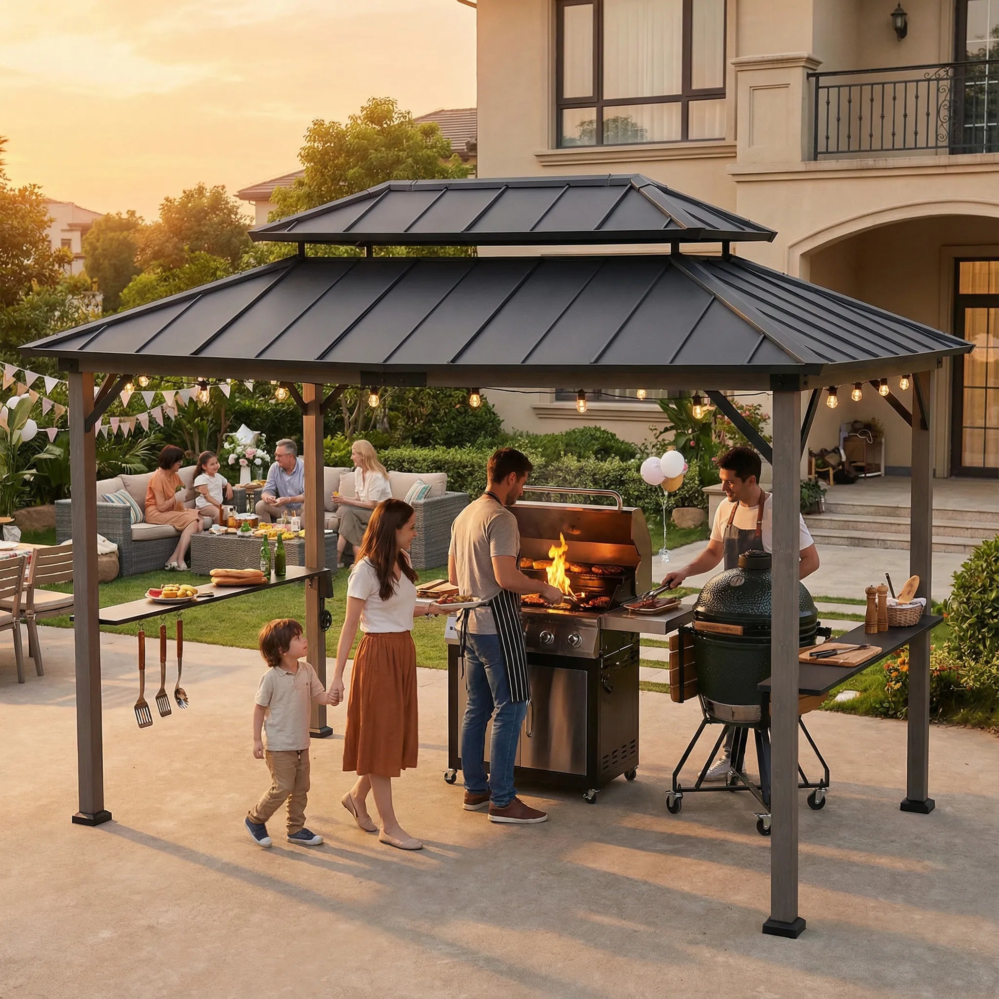 SUNJOY 8x12 Wood Frame Grill Gazebo with Electrical Outlets and Shelves - Black
