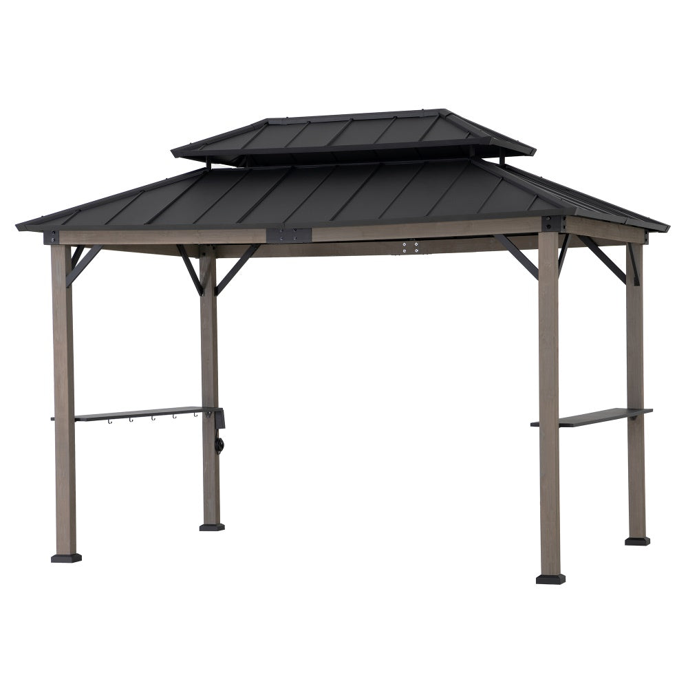 SUNJOY 8' x 12' Grill Gazebo, Wood Frame Hardtop Gazebo with Electrical Outlets and Shelves
