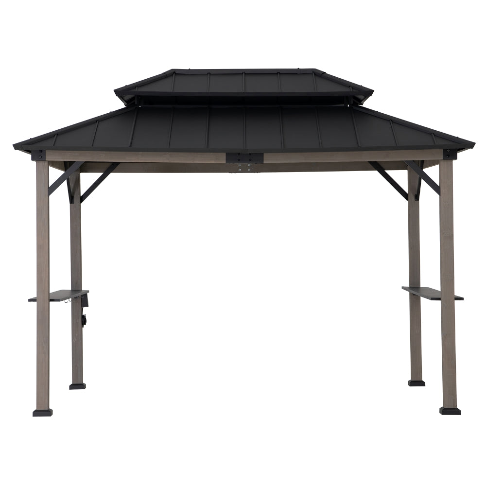 SUNJOY 8' x 12' Grill Gazebo, Wood Frame Hardtop Gazebo with Electrical Outlets and Shelves