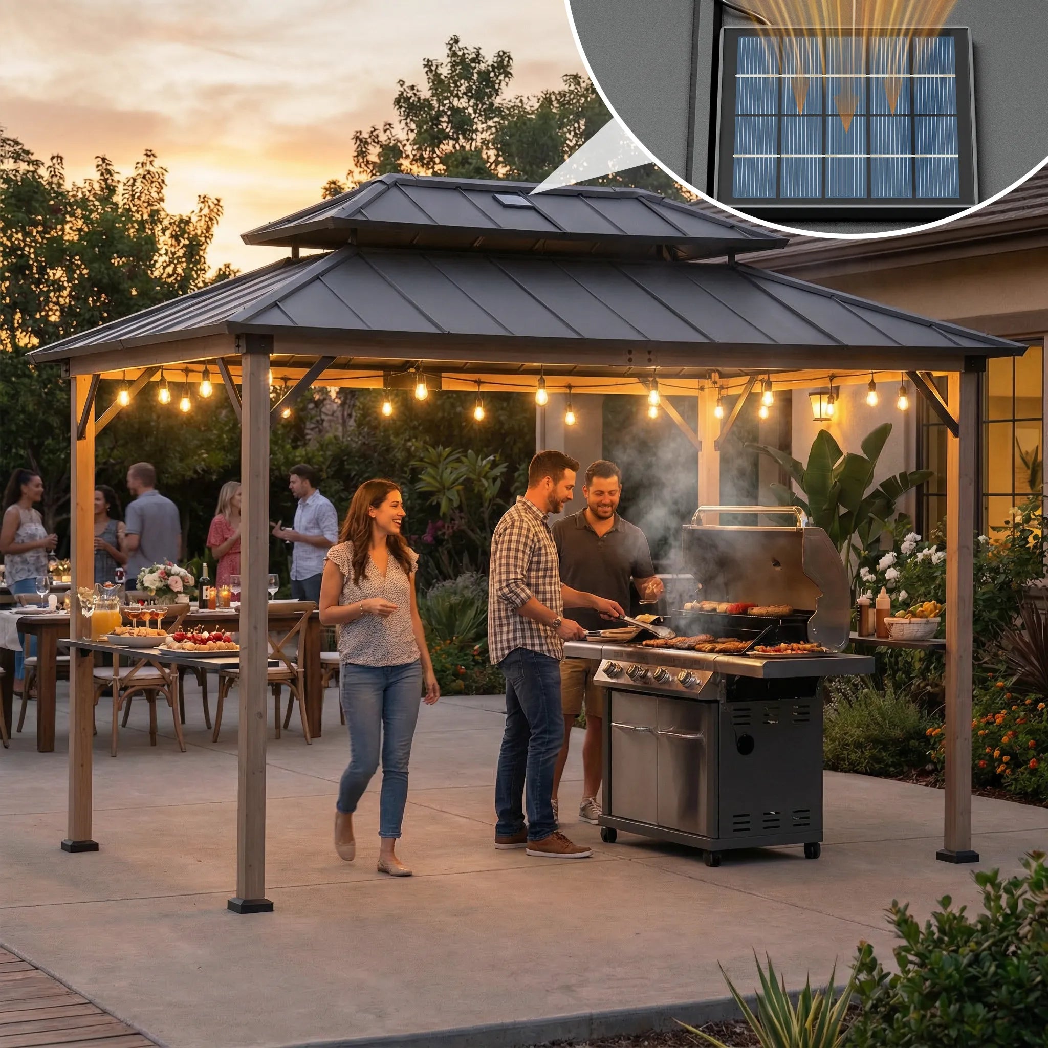 SUNJOY 8x12 Brown Cedar Frame Grill Gazebo with Solar Power and Shelves - Brown