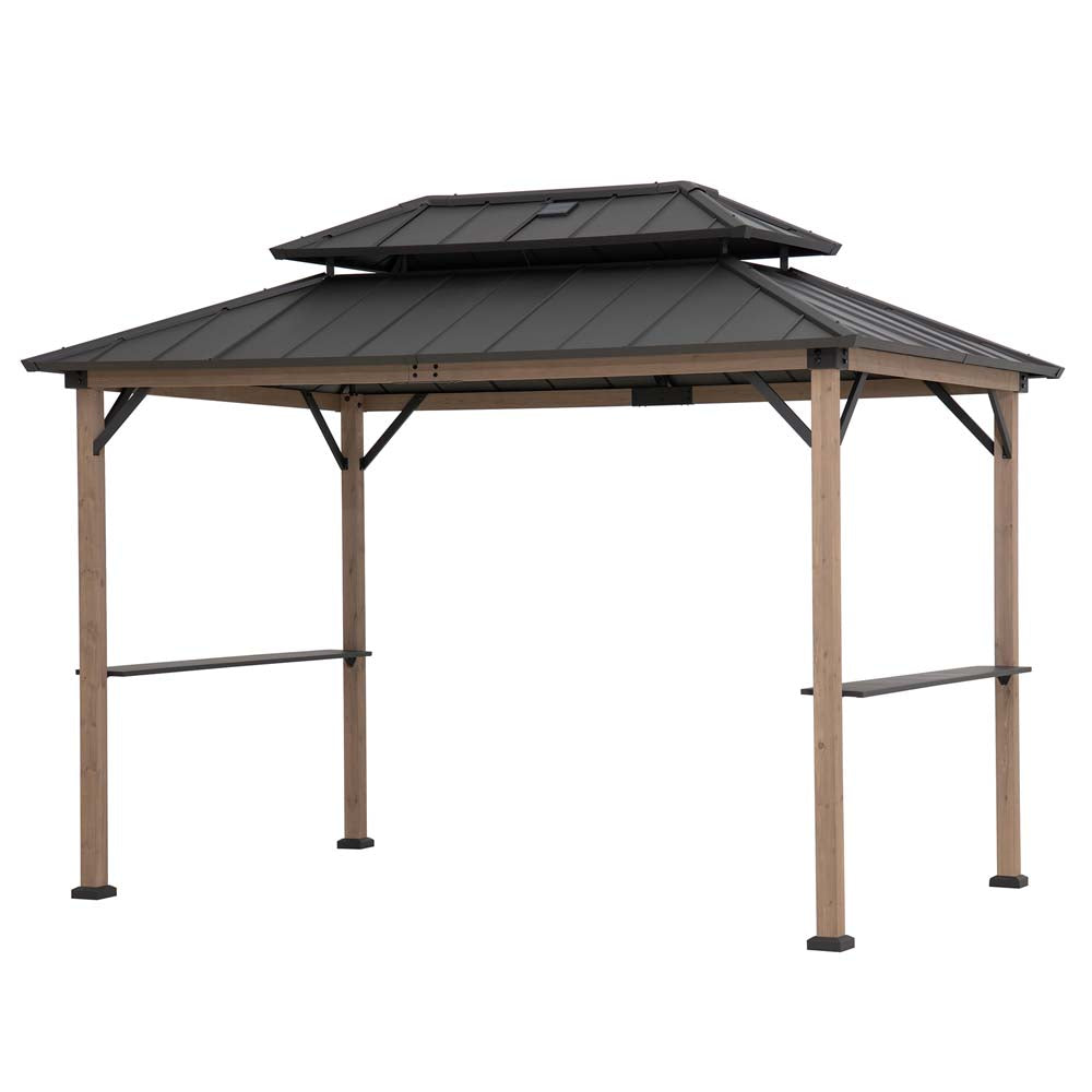SUNJOY Grill Gazebo, 8x12 Cedar Frame Hardtop Gazebo with Solar Power and Shelves