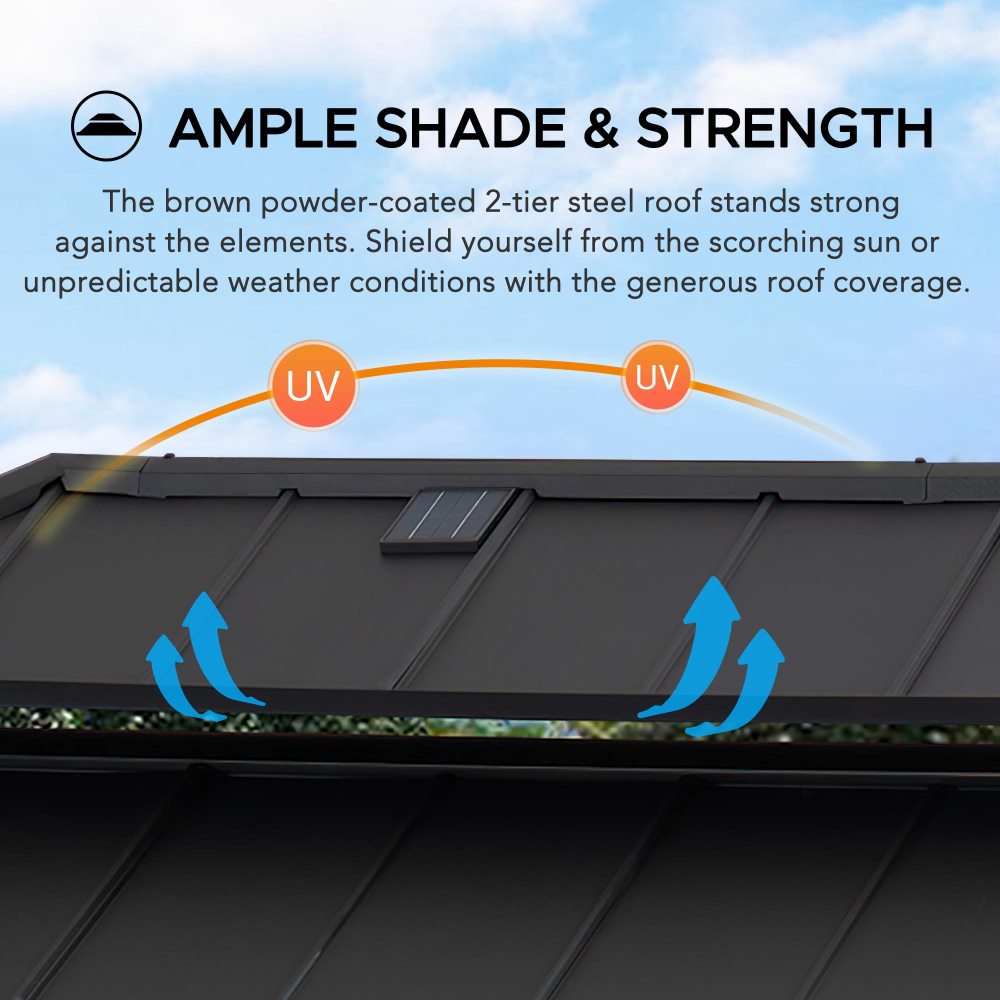 SUNJOY Grill Gazebo, 8x12 Cedar Frame Hardtop Gazebo with Solar Power and Shelves