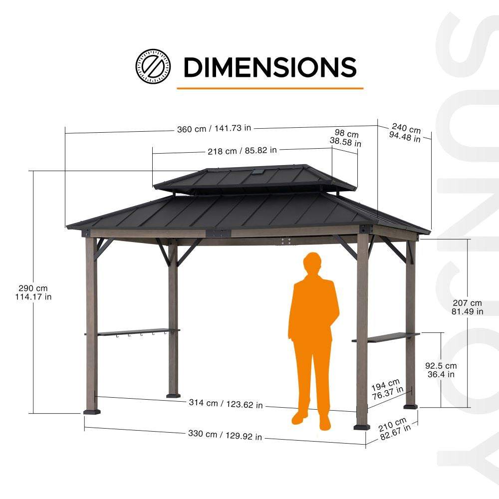 SUNJOY Grill Gazebo, 8x12 Cedar Frame Hardtop Gazebo with Solar Power and Shelves