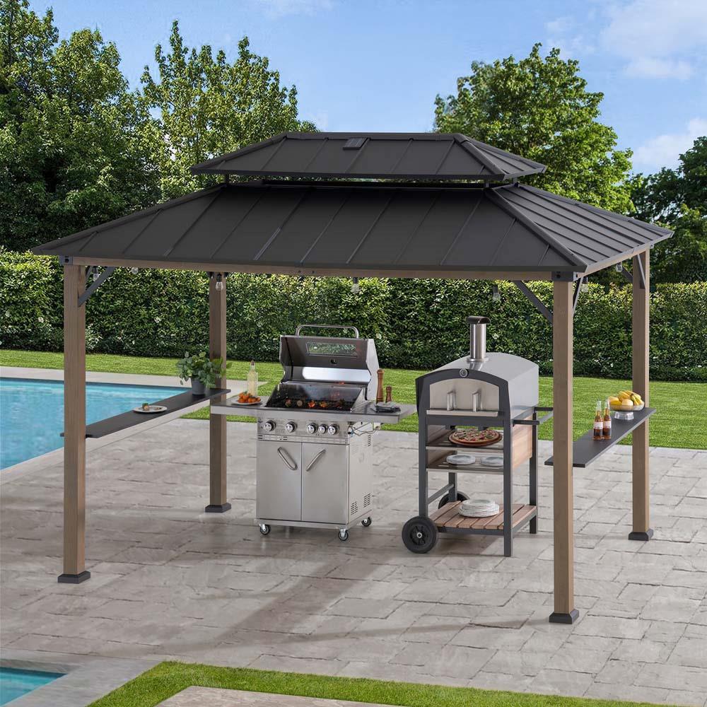SUNJOY Grill Gazebo, 8x12 Cedar Frame Hardtop Gazebo with Solar Power and Shelves